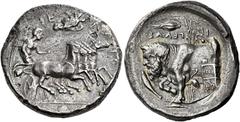 *Greek Coins Sicily, Gela Tetradrachm circa 415-405, AR 27 mm, 16.48 g. ΓΕ – ΛΩ – [ΙΩ – Ν] Fast quadriga driven r. by Nike, holding kentron and reins; above eagle flying r. and, in exergue, large pell