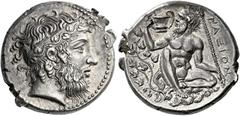 Greek Coins Sicily, Naxos Tetradrachm circa 415, AR 27 mm, 17.43 g. Bearded head of Dionysus r., hair bound with stephane adorned with ivy-wreath. Rev. NAΞION Bearded, naked Silenus, with pointed ears