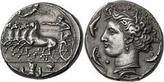 *Greek Coins Sicily, Syracuse Decadrachm, unsigned work by Euainetos circa 400, AR 36 mm, 43.33 g. Fast quadriga driven l. by charioteer, holding reins and kentron; in field above, Nike flying r. to c