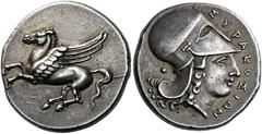 Greek Coins Sicily, Syracuse Corinthian stater circa 344-337, AR 22 mm, 8.57 g. Pegasus flying l. Rev. ΣΥΡΑΚΟΣΙΩN Head of Athena r., wearing Corinthian helmet; below, pellet. SNG Lloyd 1443. SNG Ashmo