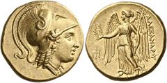 *Greek Coins Kings of Macedon, AlexanderIII, 336–323 and posthumous issues Distater, Amphipolis circa 330-320, AV 23 mm, 17.22 g. Head of Athena r., wearing triple-crested Corinthian helmet; bowl deco