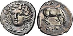 Greek Coins Thessaly, Larissa Drachm mid to late 4th century BC, AR 21 mm, 6.17 g. Head of nymph Larissa facing three-quarters l. Rev. ΛΑΡΙΣ / ΑΙΩΝ Horse grazing r. Hermann pl. V, 5. Lorber, SNR 79, p