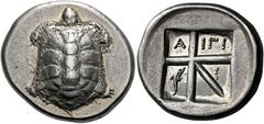 *Greek Coins Aegina, Aegina Stater circa 350-338, AR 25 mm, 12.17 g. Tortoise seen from above. Rev. A – IΓI Quadripartite incuse square with one square divided and dolphin. Milbank ANSNNM 24, pl. III,