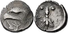 *Greek Coins Elis, Olympia Stater signed by DA..., circa 408 BC, the 93rd Olympiad, AR 24 mm, 11.91 g. Head of eagle l., beneath, white poplar leaf inscribed [ΔΑ]. Rev. F – A Winged thunderbolt; all w