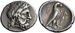 Greek Coins Elis, Olympia Hemidrachm, Zeus mint 107th-108th Olympiad circa 352-348, AR 16 mm, 2.61 g. Laureate head of Zeus r. Rev. F – A Eagle standing r. on Ionic capital; in r. field, olive leaf. B