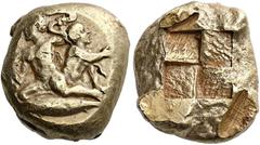 Greek Coins Mysia, Cyzicus Stater circa 450-400, EL 16 mm, 15.94 g. A young Heracles and Iphikles kneeling respectively l. and r., wrestling serpents; below, tunny-fish l. Rev. Quadripartite incuse sq