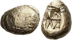 *Greek Coins Ionia, Uncertain mint Trite-third stater circa 625-600, EL 14 mm, 4.6 g. Plain bulge. Rev. Two patterned incuse punch. Linzalone 1007 var. (one patterned punch). For reverse, cf. SNG Kaya