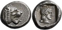 *Greek Coins Caria, Cnidus Drachm circa 449-411, AR 17 mm, 6.19 g. Lion's head r. with jaws open and tongue protruding. Rev. Head of Aphrodite r., hair tied with taenia. Cahn, Cnidus 86A and pl. 7, 86