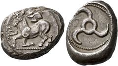 Greek Coins Dynasts of Lycia. Kuprilli circa 470-435 Stater circa 470-440, AR 22 mm, 9.7 g. Goat kneeling l.; above, Corinthian helmet and in l. field, triskeles. Rev. Triskeles within dotted border. 