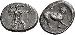 *Greek Coins Cyprus, Citium Melakiathon, 392 – 361. Siglos circa 392 – 361, AR 24 mm, 10.34 g. Heracles advancing r., wearing lion's skin and holding in r. hand club and bow in l. Rev. Lion advancing 