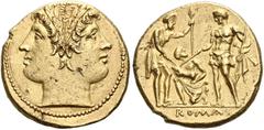 The Roman Republic Stater circa 218-216, AV 20 mm, 6.83 g. Laureate Janiform head of the Dioscuri. Rev. Oath taking scene with two warriors, one Roman and the other representing the Italian allies, st