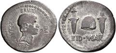 The Roman Republic Marcus Junius Brutus and L. Plaetorius Caestianus. Denarius, Northern Greece 43-42, AR 20 mm, 2.9 g. BRVT IMP L·PLAET·CEST Bare head of Brutus r. Rev. EID·MAR Pileus between two dag