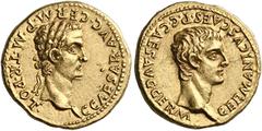 The Roman Empire Gaius, 37–41 Aureus 37-38, AV 18 mm, 7.68 g. C·CAESAR·AVG·GERM·P·M·TR·POT Laureate head of Gaius r. Rev. GERMANICVS·CAES·P·C·CAES·AVG·GERM Bare head of Germanicus r. C 1. BMC 18. RIC 