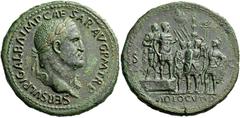 The Roman Empire Galba, 68–69 Sestertius circa December 68, Æ 36 mm, 26.64 g. SER SVLPI GALBA IMP CAESAR AVG TR P Laureate head r. Rev. Galba, in military dress, standing r. on podium, accompanied by 