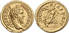 The Roman Empire Septimius Severus, 193–211 Aureus 210-211, AV 21 mm, 7.03 g. SEVERVS – PIVS AVG BRIT Laureate head r. Rev. VICTO – RIAE BRIT Victory advancing r., holding trophy on l. shoulder and ca