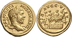 The Roman Empire Geta augustus, 209–211 Aureus 210-211, AV 20 mm, 7.4 g. P SEPT GETA – PIVS AVG BRIT Laureate head r. Rev. LIB AVGG V ET V Caracalla and Geta seated l. on platform; in front, Liberalit