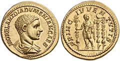 The Roman Empire Diadumenian caesar, 217–218 Aureus late 217, AV 20 mm, 7.36 g. M OPEL ANT DIADVMENIAN CAES Bare-headed and draped bust r. Rev. PRINC IVVENTVTIS Diadumenian standing facing, head r., h