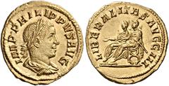 The Roman Empire Philip II augustus, 247–249 Aureus 247, AV 20 mm, 4.1 g. IMP PHILIPPVS AVG Laureate and draped bust r. Rev. LIBERALITAS AVGG III Philip I and II seated l. on curule chairs, extending 