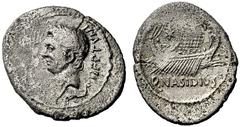 Sextus Pompeius and Q. Nasidius. Hybrid denarius, Sicily circa 42 to 38, AR 3.34 g. NEPTVNI Head of Cn. Pompeius Magnus l.; below head, dolphin and in field r., trident. Rev. Galley sailing r.; in l. 
