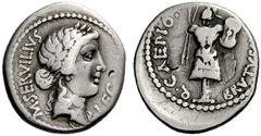 Q. Caepio Brutus and M. Servilius Denarius, mint moving with Brutus 43-42, AR 3.73 g. M·SERVILIVS – LEG Laureate head of Libertas r. Rev. Q·CAEPIO. – BRVTVS·[IMP·] Trophy. Babelon Junia 48 and Servili
