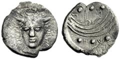 Greek Coins Camarina or Akis (?) Hemilitra circa 413-410, AR 0.34 g. Head of horned river-god facing; in field r., SIKA. Rev. N – I – K – A Aphlaston and six pellets. G. Manganaro, JNG 34, pl. V, 78. 