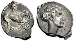 Greek Coins Segesta Didrachm circa 412-400 and later, AR 8.27 g. Hound r. standing on stag’s head and seizing it by the nose; in upper field, head of river-god r. Rev. EGESTAION Head of nymph Aigeste 