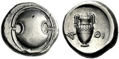 Greek Coins Boetia, Thebes Stater circa 395-368, AR 12.10 g. Boeotian shield. Rev. ΠT - OΥ Amphora. Head p. 66. BCD Boitia 522. An almost invisible metal flaw on obverse, otherwise extremely fine