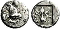 Greek Coins Olympia, Elis Stater circa 440-430, AR 12.31 g. Eagle flying r., holding rabbit in its talons. Rev. F – A Winged thunderbolt. Seltman 95a (this coin). Weber 4022 (this coin). Jameson 2097 