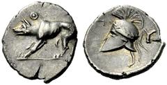 Greek Coins Argolis, Argos Trihemiobol circa 260-250, AR 1.14 g. Wolf at bay to l.; above, Θ. Rev. Π - Υ Laureate and crested Corinthian helmet. BMC 86. BCD Peloponnesos 1114 (these dies). Light iride