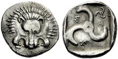 Greek Coins Dynasts of Lycia, Trbbenimi circa 380 – 370 Stater, Zemu circa 380, AR 9.65 g. Lion’s scalp facing; below, T. Rev. z – ä – m in Lycian characters Trisceles, in field, smaller trisceles. Vi