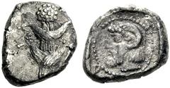 Greek Coins Cyrene Drachm circa 480-435, AR 3.30 g. Silphium plant. Rev. K – V – P – A retrograde Head of Zeus Ammon l.; all within incuse square. Müller MAA, 118. SNG Copenhagen 1177 var. An extremel