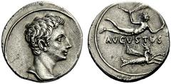 The Roman Empire Octavian as Augustus, 27 BC – 14 AD Denarius, Colonia Patricia (?) circa 18-17/16 BC, AR 3.81 g. Bare head r. Rev. AVGVSTVS Radiate Zephyr, flying r., hovering horizontally with outst