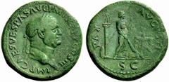 The Roman Empire Vespasian, 69 – 79 Sestertius 71, Æ 24.29 g. IMP CAES VESPASIAN AVG P M TR P P P COS III Laureate head r. Rev. PAX – AVGVSTI Pax standing r., setting fire to arms near lighted altar; 