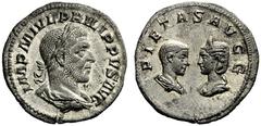 The Roman Empire Philip I, 244 – 249 Denarius circa 244-247, AR 2.38 g. IMP M IVL PHILIPPVS AVG Laureate, draped and cuirassed bust r. Rev. PIETAS AVGG Confronted busts of Philip II, draped cuirassed 