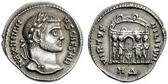 The Roman Empire Galerius Maximianus caesar, 293 – 305 Argenteus, Heraclea circa 295, AR 3.25 g. MAXIMIAN – VS CAESAR Laureate head r. Rev. VIRTS – MILITVM The four princes sacrificing over tripod bef