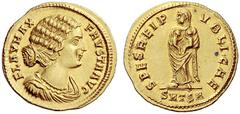 The Roman Empire Fausta, second wife of Constantine Solidus, Thessalonica 324, AV 4.41 g. FLAV MAX – FAVSTA AVG Draped bust r. Rev. SPES REIP – VBLICAE Empress, veiled, standing l. and holding two chi