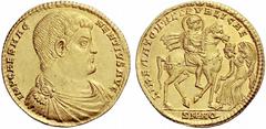 The Roman Empire Magnentius, 350 – 353 Medallion of three solidi, Aquileia circa 351, AV 13.50 g. IMP CAES MAG – NENTIVS AVG Bare-headed, draped and cuirassed bust r. Rev. LIBERATOR·REI·PVBLICAE Magne