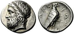 Greek coins Olympia, Elis Stater circa 356, 106th Olympiad, AR 11.53 g. Laureate head of Zeus l. Rev. Eagle, with closed wings, standing r. on Ionic column capital. BCD Olympia 128 (same obv. die). Cf