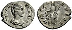 The Roman Empire Didia Clara, Daughter of Didius Julianus Denarius 193, AR 2.95 g. Draped bust r. Rev. Hilaritas standing l., holding long palm and cornucopiae. C 3. RIC (Didius Julianus) 10. Rare. To