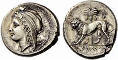 The Carthaginians in Sicily and North Africa Tetradrachm, uncertain mint in Sicily circa 320, AR 17.14 g. Female head l., wearing oriental tiara with plain band before forehead. Rev. Lion walking l., 