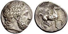 Kings of Macedonia, Philip II, 359-336 and posthumous issues Tetradrachm, Pella circa 342-336, AR 14.32 g. Laureate head of Zeus r. Rev. ΦIΛIΠΠOΥ Boy riding on horse at pace r., holding long palm bran