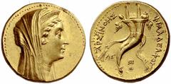 Ptolemy II Philadelphos, 285 – 246 In the name of Arsinoe II. Octodrachm, Ake-Ptolemais 251-250, AV 27.80 g. Diademed and veiled head of the deified Arsinoe II r. Rev. ARSINOHS – FILADELFOU Double cor