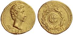 The Roman Empire Octavian as Augustus, 27 BC – 14 AD Aureus, uncertain mint in Spain Caesaraugusta (?) circa 19-18 BC, AV 7.89 g. AVGVSTVS Bare head r. Rev. OB·CIVIS / [S]ERVATOS Shield inscribed S·P·