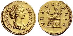 The Roman Empire Crispina, wife of Commodus Aureus 180-182, AV 7.35 g. CRISPINA – AVGVSTA Draped bust r., hair in coil at back. Rev. VENVS· FELIX Venus seated l., holding Victory and sceptre; below se