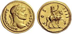 The Roman Empire Diocletian, 284-305 Aureus, Cyzicus circa 290-293, 5.32 g. DIOCLETIANVS – AVGVSTVS Laureate head r. Rev. COS – IIII Emperor riding r., raising r. hand. C 55. Lukanc 4 (this coin cited