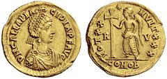 The Roman Empire Galla Placidia, wife of Constantine III and mother of Valentinian III Solidus, Ravenna 430-445, AV 4.42 g. D N GALLA PLA – CIDIA P F AVG Pearl-diademed and draped bust r., wearing nec
