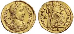 The Roman Empire Johannes, 423 – 425 Solidus, Ravenna 423–425, AV 4.26 g. D N IOHAN – NES P F AVG Rosette-diademed, draped and cuirassed bust r. Rev. VICTORI – A AVGGG Emperor standing r., holding sta