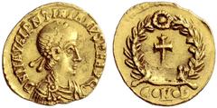 The Roman Empire Valentinianus III, 425 – 455 Tremissis, Mediolanum 430-455, AV 1.48 g. DN PLA VALENTINIANVS P F AVG Pearl-diademed, draped and cuirassed bust r. Rev. Cross within wreath; in exergue, 