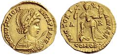 The Roman Empire Majoran, 457 – 461 Solidus, Arles 457–461, AV 4.36 g. D N IVLIVS MAIORI – ANVS P F AVG Helmeted, diademed, draped and cuirassed bust r., holding spear pointing forward and shield bear