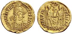 The Roman Empire Anthemius, 467 – 472 Solidus circa 467, AV 4.37 g. D N ANTHE – MIVS P F AVG Helmeted, pearl-diademed and cuirassed bust three-quarters facing, holding spear and shield with horseman a